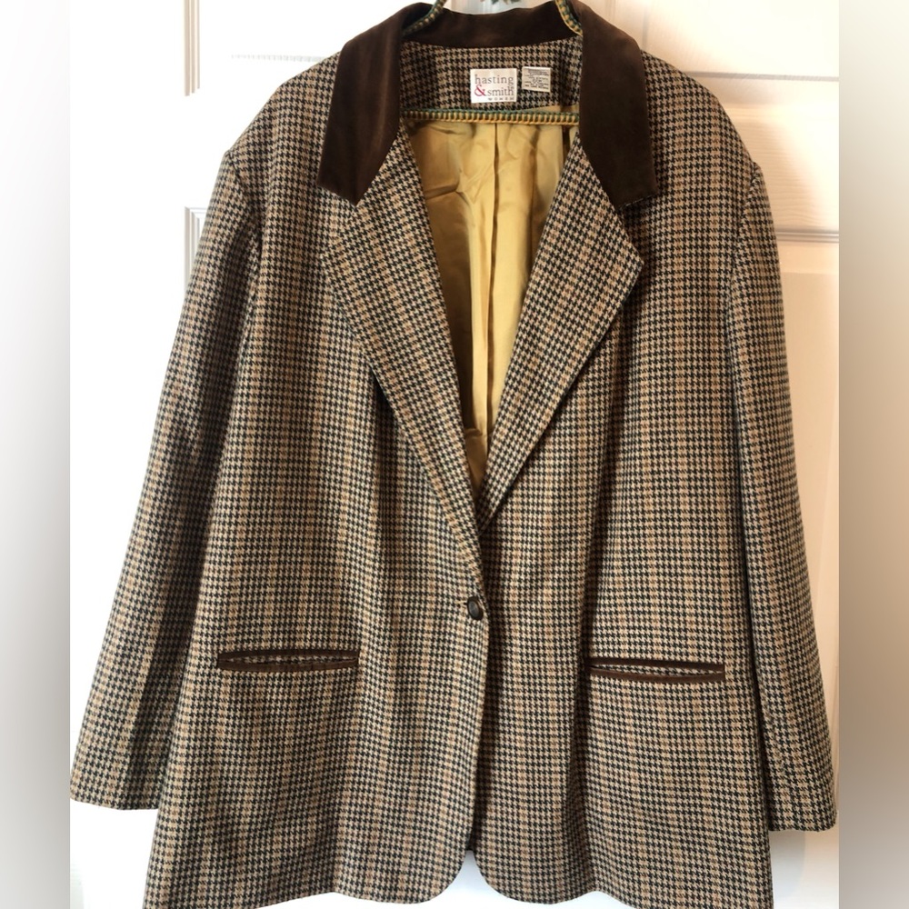 VTG Hasting & Smith Equestrian Blazer Tan Green Plaid Wool Blend Velvet Trim-22W